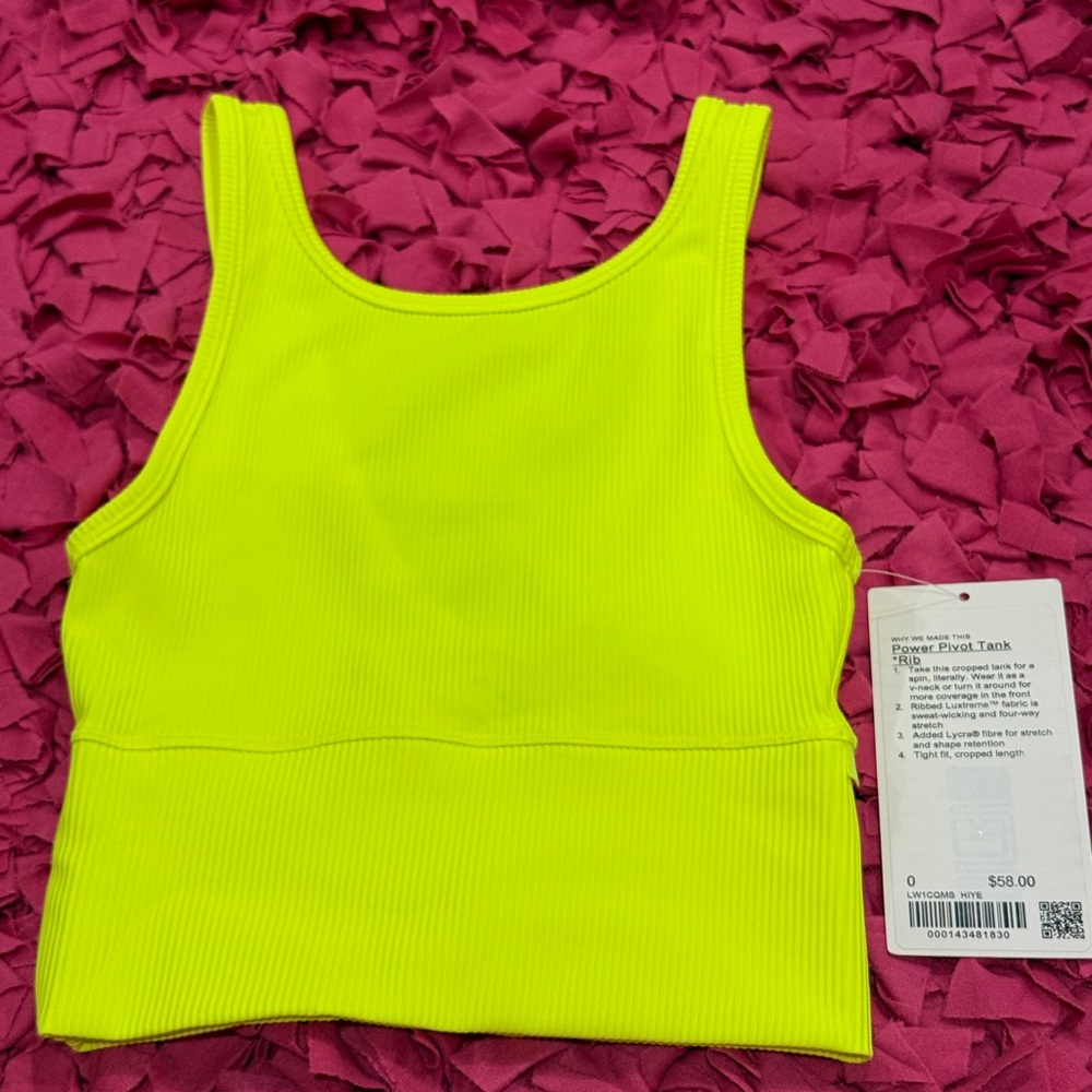 NWT LuluLemon Bright Neon Yellow Ribbed Power Pivot Tank Crop Top Size 0